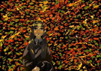 Rule 34 | 1girl, abstract, akino suzume, collared shirt, colorful, commentary request, highres, long hair, long sleeves, looking at viewer, open mouth, original, own hands together, shirt, solo, upper body, wide shot