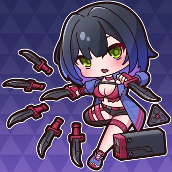 1girl absurdres black_hair black_shorts black_thighhighs blue_hair blue_jacket blue_shoes breasts chaos_zero_nightmare character_request chibi cleavage commentary_request dual_wielding full_body gradient_hair highres holding holding_knife jacket knife looking_at_viewer medium_breasts multicolored_hair open_clothes open_jacket outline parted_lips purple_hair saishosaisekojo shoes shorts single_thighhigh solo thighhighs two-tone_hair white_outline