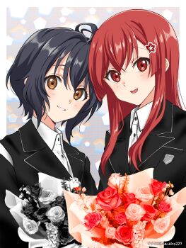 22/7 2girls :d artist_name black_flower black_hair black_jacket black_rose border bouquet collared_shirt crossed_bangs flower hair_between_eyes highres holding holding_bouquet jacket long_hair long_sleeves looking_at_viewer multiple_girls nanairo_(nanairo227) open_mouth outside_border parted_lips pink_flower pink_rose red_eyes red_flower red_hair red_rose rose sato_reika shirt short_hair sidelocks smile takigawa_miu upper_body white_border white_flower white_rose white_shirt