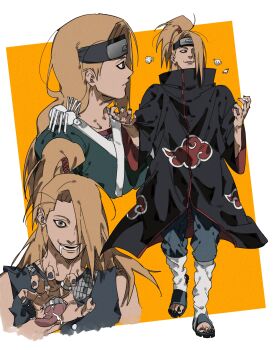 Rule 34 | 1boy, absurdres, akatsuki uniform, black coat, blonde hair, blue eyes, chasenmage, coat, deidara (naruto), dong2taku, forehead protector, green kimono, highres, iwagakure symbol, japanese clothes, kimono, long hair, male focus, motoyui, naruto (series), naruto shippuuden, open mouth, simple background, toeless footwear, tongue, tongue out, two-tone background