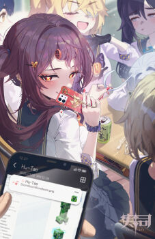 1other 6+girls absurdres black_gloves black_hair black_sailor_collar black_skirt blonde_hair blush brown_hair cellphone commentary covering_own_mouth creeper desk fischl_(genshin_impact) flower-shaped_pupils furina_(genshin_impact) genshin_impact gloves grey_hair hair_over_shoulder highres hu_tao_(genshin_impact) indoors long_hair looking_at_viewer looking_back lumine_(genshin_impact) minecraft mona_(genshin_impact) multiple_girls phone red_eyes red_nails sailor_collar school_desk school_uniform scrunchie shirt sitting skirt smartphone smile sushispin symbol-shaped_pupils twintails white_shirt wrist_scrunchie xiangling_(genshin_impact)