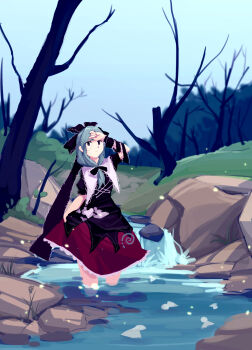 1girl bare_tree blue_eyes bow closed_mouth commentary_request day dress frilled_bow frilled_dress frills front_ponytail furahata_gen green_hair hair_bow hand_on_own_forehead highres kagiyama_hina long_dress looking_at_viewer medium_hair pond puffy_sleeves purple_dress red_bow red_dress rock solo standing stream touhou tree two-tone_dress wading water