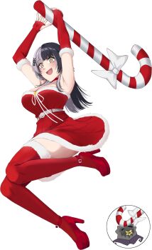 1girl absurdres armpits attack black_hair black_nails bow breasts candy candy_cane choker christmas cleavage commentary detached_sleeves dress english_commentary fang fingerless_gloves food gloves high_heels highres hololive hololive_english incoming_attack large_breasts long_hair mmneko multicolored_hair novelites_(shiori_novella) open_mouth red_choker red_dress red_gloves red_shoes santa_costume santa_dress shiori_novella shoes skin_fang smile solo thighs two-tone_hair violence virtual_youtuber white_background white_bow white_hair