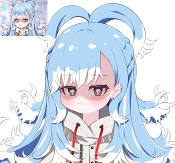 Rule 34 | 1girl, blue eyes, blue hair, blush, colored tips, grey jacket, heart, heart-shaped pupils, highres, hololive, hololive indonesia, jacket, kobo kanaeru, kobo kanaeru (1st costume), long hair, multicolored hair, pout, puffy cheeks, reference inset, shaded face, shuvi (shuvi1125), simple background, solo, symbol-shaped pupils, upper body, virtual youtuber, wavy hair, white background, white hair