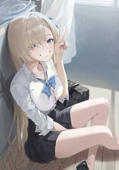1girl absurdres asuna_(blue_archive) bag between_legs black_skirt blonde_hair blue_archive blue_bow blue_bowtie blue_eyes blue_halo blue_ribbon bow bowtie breasts button_gap cleavage collarbone commentary curtains dress_shirt hair_over_one_eye hair_ribbon halo hand_between_legs highres long_hair looking_at_viewer m1o_0112 medium_breasts nail_polish pleated_skirt ribbon school_bag shirt sitting skirt sleeves_rolled_up smile solo thighhighs v very_long_hair white_shirt
