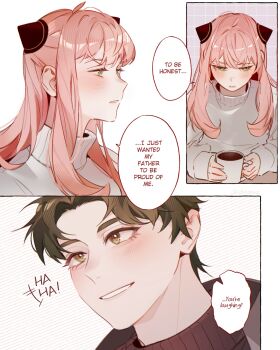 1boy 1girl aged_up ahoge anya_(spy_x_family) black_pantyhose black_sweater blush breasts brown_eyes brown_hair brown_skirt coat commentary cup damian_desmond english_text green_eyes grey_coat grid_background hairpods highres holding holding_cup ideksams long_hair looking_at_another male_focus medium_breasts pantyhose parted_bangs parted_lips pink_hair short_hair sidelocks skirt smile spy_x_family sweater symbol-only_commentary table turtleneck turtleneck_sweater white_background white_sweater