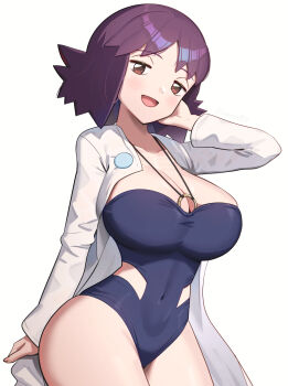 1girl :d blue_one-piece_swimsuit blush breasts brown_eyes cleavage collarbone commentary_request covered_navel gonzarez highres lab_coat large_breasts looking_at_viewer nintendo one-piece_swimsuit open_mouth pokemon pokemon_(anime) pokemon_(classic_anime) professor_ivy purple_hair short_hair simple_background smile solo swimsuit thighs white_background