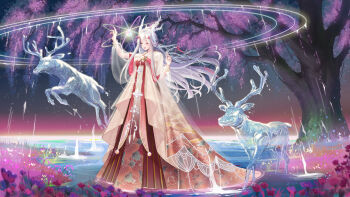 Rule 34 | 1girl, antlers, blunt bangs, chinese clothes, chinese commentary, closed eyes, cloud benediction (shining nikki), commentary request, deer, deer antlers, dusk, floating hair, flower, full body, grass, hair ornament, hairclip, hanfu, happy, highres, horns, lake, light particles, lipstick, long hair, long sidelocks, long sleeves, magic, makeup, nikki (series), open mouth, outdoors, pink flower, puffy long sleeves, puffy sleeves, purple eyes, red eyes, red hanfu, see-through clothes, see-through sleeves, sesgusi, shining nikki, sidelocks, smile, solo, spring (season), standing, tree, very long hair, walking, walking on liquid, water, water drop, wavy hair, white hair, white hanfu, white horns, wisteria