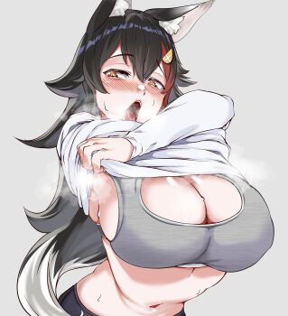 1girl animal_ear_fluff animal_ears armpits black_hair black_pants blush breasts chanwara_06 cleavage crossed_arms grey_background grey_sports_bra hair_ornament hololive huge_breasts lips long_hair multicolored_hair ookami_mio open_mouth orange_eyes pants red_hair removing_shirt shirt solo sports_bra standing sweat tongue tongue_out undressing virtual_youtuber white_hair white_shirt wolf_ears wolf_girl