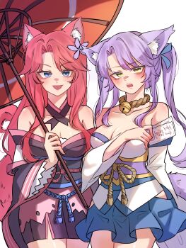 2girls absurdres animal_ears bare_shoulders bell blue_eyes breasts cleavage collarbone commission commissioner_upload fox_ears fox_girl fox_miko_(sakura_dungeon) fox_tail highres holding holding_umbrella japanese_clothes kimono large_breasts looking_at_viewer loonghyun medium_breasts multiple_girls neck neck_bell non-web_source nontraditional_miko ofuda open_mouth pink_hair purple_hair sakura_dungeon side-by-side smile standing strapless strapless_kimono tail twintails umbrella yellow_eyes yomi_(sakura_dungeon)