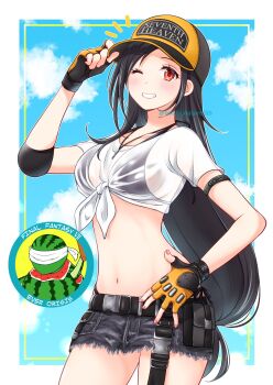 Rule 34 | 1girl, adjusting clothes, adjusting headwear, armlet, baseball cap, belt, bikini, bikini under clothes, black bikini, black hair, blue sky, blush, border, breasts, cloud, cloudy sky, collarbone, commentary, cowboy shot, denim, denim skirt, elbow pads, final fantasy, final fantasy vii, final fantasy vii: ever crisis, fingerless gloves, food, fruit, gloves, grey skirt, grin, hand on own hip, hat, highres, jewelry, large breasts, lifeguard, long hair, looking at viewer, low-tied long hair, midriff, miniskirt, nalu, navel, official alternate costume, one eye closed, outside border, pink nails, red eyes, see-through clothes, see-through shirt, shirt, short sleeves, single elbow pad, skirt, sky, smile, swimsuit, tied shirt, tifa lockhart, tifa lockhart (lifeguard), tonberry, twitter username, very long hair, watermelon, whistle, whistle around neck, white border