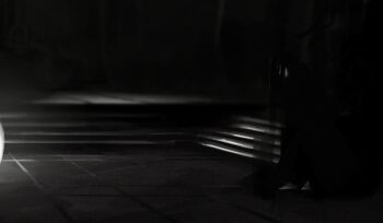 1other absurdres barefoot black_cloak cloak full_body gloxartx greyscale highres hood hood_up indoors long_hair monochrome scenery shadow_slave solo stairs sunny_(shadow_slave) tile_floor tiles walking