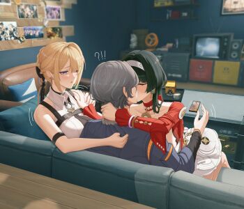 !? 1boy 2girls a_zhen absurdres alexandrina_sebastiane arm_strap artist_name astra_yao belle_(zenless_zone_zero) black_choker black_hair blonde_hair blurry blurry_background blush breasts cellphone character_request chest_harness choker closed_eyes coffee collarbone collared_shirt corin_wickes couch earrings ellen_joe eous_(zenless_zone_zero) evelyn_chevalier from_behind game_screenshot_background grey_hair hairband hand_on_another&#039;s_back hand_on_another&#039;s_neck hand_on_another&#039;s_shoulder harness hetero highres incoming_call indoors jewelry kiss large_breasts long_hair long_sleeves looking_at_another making-of_available mole mole_under_eye multiple_girls netorare on_couch open_mouth phone photo_(object) red_choker screenshot_background shirt short_hair sitting sleeveless sleeveless_shirt smartphone strap sweat television tin_master_(zenless_zone_zero) white_hairband white_shirt wise_(zenless_zone_zero) zenless_zone_zero