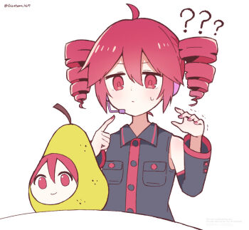 1girl ? commentary_request detached_sleeves drill_hair food fruit grey_shirt headset kasane_teto kasane_teto_(utau) meme pear pearto red_eyes red_hair red_nails shira_461 shirt twin_drills utau