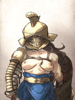 Rule 34 | 1girl, arm armor, armor, asymmetrical armor, bandaged wrist, bandages, belt, blood, blood on clothes, breasts, brown hair, commentary, english commentary, facing viewer, gladiator, helmet, highres, holding, holding shield, holding sword, holding weapon, ironlily, long hair, manica, medium breasts, murmillo, murmillo helmet, muscular, muscular female, nipples, original, pauldrons, roman empire, shield, shoulder armor, simple background, single pauldron, solo, sword, topless female, upper body, weapon