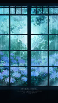 artist_name blue_flower commentary commentary_request day english_commentary flower highres hydrangea indoors mixed-language_commentary no_humans original rain scenery taketa watermark window