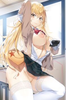 +_+ 1girl 2023 20s black_skirt blonde_hair blush breasts breasts_out brown_eyes brown_jacket chain chain_between_breasts controller gloves homu_(seven_deadly_sins) jacket jewelry large_breasts long_hair long_sleeves looking_at_viewer necklace nipples no_panties open_clothes open_jacket plaid_clothes plaid_skirt remote_control school_uniform shokuhou_misaki skirt smile solo spider_web_print star-shaped_pupils star_(symbol) sweat symbol-shaped_pupils thighhighs thighs toaru_majutsu_no_index tokiwadai_school_uniform unusual_pupils whistle whistle_around_neck white_gloves white_thighhighs