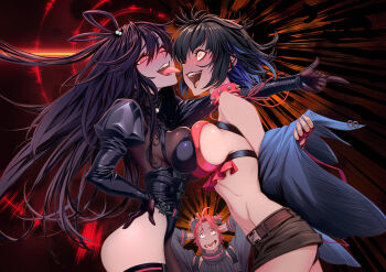Rule 34 | 1boy, 2girls, arm up, arms up, ass, asymmetrical docking, belt, black belt, black bodystocking, black bridal gauntlets, black hair, blue jacket, blush, bodystocking, breast press, breasts, bridal gauntlets, chaos zero nightmare, chest harness, choker, colored inner hair, crazy, crop top, cropped jacket, crying, fingerless gloves, garter straps, gloves, halterneck, harness, heterochromia, jacket, large breasts, leotard, long hair, lucas (chaos zero nightmare), midriff, mind break, multicolored hair, multiple girls, navel, open clothes, open jacket, open mouth, p! (motoki paulo), purple hair, red choker, red eyes, red gloves, red hair, red shirt, rin (chaos zero nightmare), see-through clothes, shirt, short hair, sidelocks, skindentation, sleeveless, sleeveless shirt, spaghetti strap, studded choker, sweat, tears, teeth, thighhighs, tongue, tongue out, tressa (chaos zero nightmare), two-tone hair, undressing, very long hair, yellow eyes