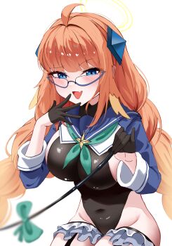 1girl absurdres ahoge black_gloves black_leotard blue_archive blue_eyes blue_shrug braid breasts commentary covered_navel daraamji2 fang glasses gloves half_gloves halo highres korean_commentary large_breasts leotard long_hair looking_at_viewer official_alternate_costume open_mouth orange_hair shimiko_(blue_archive) shimiko_(magical)_(blue_archive) shrug_(clothing) simple_background skin_fang smug solo thighs twin_braids very_long_hair white_background yellow_halo