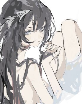 1girl bare_shoulders black_hair blue_eyes from_behind gradient_hair hair_ornament highres honkai:_star_rail honkai_(series) hysilens_(honkai:_star_rail) long_hair looking_at_viewer multicolored_hair nude partially_submerged pippi_c1 solo thighs very_long_hair water_drop white_background