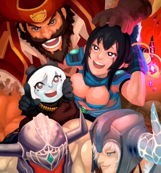 2boys 3girls beard blue_eyes brekkist facial_hair fireworks gangplank_(league_of_legends) hat helmet lantern league_of_legends multiple_boys multiple_girls open_mouth sejuani short_hair silver_hair smug teemo tristana_(league_of_legends) tryndamere vayne_(league_of_legends) yordle