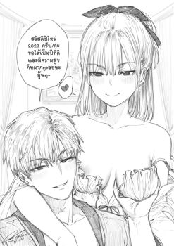 1boy 1girl artist_self-insert babydoll bow breasts cheek-to-breast commentary curtains dated english_commentary fkscrashing grabbing_another's_breast greyscale groping hair_bow hetero highres medium_breasts mole mole_under_eye monochrome nipple_slip nipples original shared_speech_bubble signature speech_bubble strap_slip thai_text translation_request