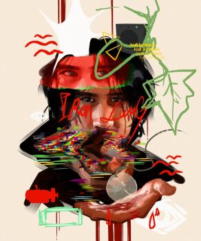 Rule 34 | 1boy, beard, black hair, blood, blood drip, collage, copyright name, doodle inset, english text, facial hair, glitch, highres, iron lung (movie), jewelry, looking at viewer, multiple views, necklace, open mouth, outstretched hand, portrait, short hair, simon (iron lung), sokodraws, submarine, tunic, watercraft, wavy hair