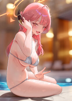 1girl adjusting_hair aru_(blue_archive) bare_shoulders bikini blue_archive blurry blurry_background blush breasts brown_horns cirilla_lin commentary fingernails halo highres horns large_breasts leaning_forward long_hair looking_at_viewer low_horns navel open_mouth orange_eyes orange_halo pink_hair poolside sitting smile solo stomach strap_gap swimsuit thighs w white_bikini