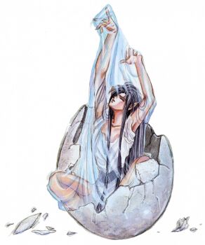 1boy androgynous ashura_(rg_veda) black_hair clamp closed_eyes egg elf hatching highres long_hair male_focus official_art pointy_ears ponytail rg_veda scan simple_background solo trap tunic very_long_hair