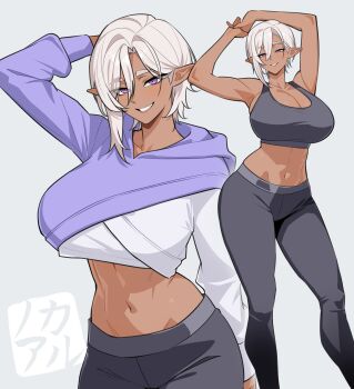 Rule 34 | 1girl, absurdres, arm behind head, armpits, arms up, bare arms, bare shoulders, breasts, cleavage, collarbone, contrapposto, cropped hoodie, dark-skinned female, dark elf, dark skin, elf, grey hair, grey pants, grey sports bra, grin, hair between eyes, highres, hood, hoodie, kyana (nokaa aru), large breasts, looking at viewer, midriff, mole, mole on breast, navel, nokaa aru, original, pants, parted lips, pointy ears, purple eyes, short hair, smile, sports bra, stomach, toned, toned female, two-tone hoodie, yoga pants