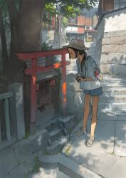 1girl animated architecture backpack bag bag_charm bare_legs black_eyes black_hair blue_bag blue_shorts braid camera charm_(object) closed_mouth day east_asian_architecture expressionless female_focus full_body hat highres holding holding_camera lantern lineart low_twin_braids making-of original outdoors paper_lantern profile sandals scenery shade shirt short_shorts shorts shrine sidelocks sketch solo stairs standing three-quarter_sleeves torii tree twin_braids unconventional_media video white_hat white_sandals white_shirt yoshida_seiji