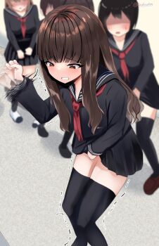 5girls absurdres afterimage arm_up artist_name between_legs black_sailor_collar black_shirt black_skirt black_thighhighs blunt_bangs blurry blurry_background blush brown_hair clenched_teeth embarrassed faceless faceless_female fate/extra fate_(series) female_focus flat_chest hand_between_legs have_to_pee highres kishinami_hakuno_(female) knocking legs_together long_hair long_sleeves looking_down michinoku_(michino934) miniskirt motion_lines multiple_girls neckerchief orange_eyes people pleated_skirt queue red_neckerchief sailor_collar school_uniform serafuku shirt sidelocks signature skirt solo_focus standing teeth textless_version thighhighs thighs trembling twitter_username zettai_ryouiki