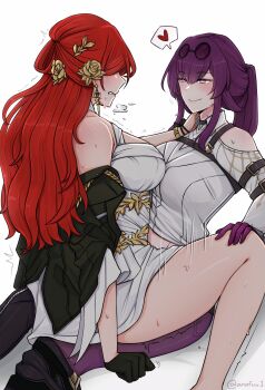 1futa 1girl anafuu arm_support assertive_female bare_legs bare_shoulders black_coat black_gloves breasts closed_mouth coat commentary cowgirl_position dress earrings english_commentary futa_with_female futanari girl_on_top gloves hand_on_another&#039;s_neck hand_on_another&#039;s_thigh heart highres himeko_(honkai:_star_rail) honkai:_star_rail honkai_(series) implied_strap-on jewelry kafka_(honkai:_star_rail) large_breasts light_smile looking_at_another mature_female ponytail purple_eyes purple_gloves purple_hair red_hair sex simple_background speech_bubble spread_legs straddling trembling twitter_username white_background white_dress white_sleeves yuri