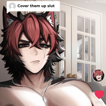 1girl 2boys absurdres animal_ear_fluff animal_ear_piercing animal_ears artist_name bare_shoulders belle_(zenless_zone_zero) black_hair choppy_bangs closed_mouth commentary cover_them_up_slut_(meme) crossed_bangs dog_boy dog_ears door english_text hair_between_eyes heart highres jewelry komano_manato licking_lips looking_at_viewer male_focus meme mikuneki multicolored_hair multiple_boys necklace pectorals peeking red_eyes red_hair scar scar_across_eye scar_on_face short_hair small_sweatdrop solo_focus tongue tongue_out two-tone_hair upper_body watching wise_(zenless_zone_zero) zenless_zone_zero