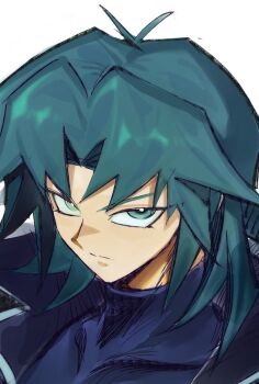 1boy black_coat black_shirt close-up coat green_eyes green_hair long_hair male_focus marufuji_ryo shirt simple_background solo tawashipurin white_background yu-gi-oh! yu-gi-oh!_gx