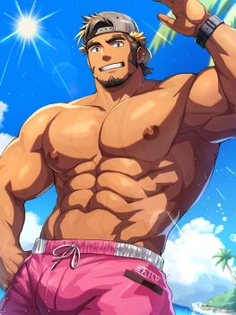 1boy abs backwards_hat bara baseball_cap biceps blonde_hair blue_sky broad_shoulders brown_eyes brown_hair cloud cowboy_shot earrings facial_hair grin hand_on_own_hip hat highres jewelry kiloc_(live_a_hero) large_pectorals live_a_hero male_focus male_swimwear multicolored_hair muscular muscular_arms muscular_male nipples palm_leaf palm_tree pectorals pink_male_swimwear pink_swim_trunks shiny_skin signature sky smile solo summer sun sunlight thick_eyebrows topless_male tree two-tone_hair watch water_drop waving wet wristwatch zifu