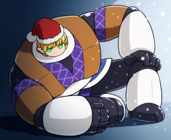 1girl arm_rest arm_support blonde_hair blue_background blue_skirt bright_pupils brown_sleeves brown_vest christmas clenched_hand commentary_request detached_sleeves full_body fur-trimmed_headwear fur_trim gradient_background green_eyes hand_on_own_knee hat mecha mizuhashi_parsee red_hat robot robot_girl santa_hat shirosato short_hair sitting skirt snowing solo touhou vest white_pupils