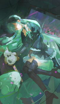 1girl absurdres animal_ears arknights bang_dream! bang_dream!_it&#039;s_mygo!!!!! black_bonnet black_boots black_dress bonnet boots chinese_commentary commentary_request doll_joints dress floppy_ears full_body gothic_lolita green_hair high_heel_boots high_heels highres iinagi_(kashiwa_keira) joints lolita_fashion long_hair long_sleeves looking_at_viewer lying on_floor on_side picture_frame rabbit_ears rabbit_girl sidelocks solo stuffed_animal stuffed_rabbit stuffed_toy thigh_boots wakaba_mutsumi wakaba_mutsumi_(marionette&#039;s_id) yellow_eyes