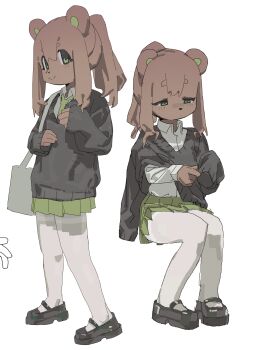 1girl absurdres bear_girl black_sweater body_fur brown_fur brown_hair chinese_commentary commentary_request full_body furry furry_female green_eyes green_skirt highres jianpan_xiafang_de_da_kongge long_hair multiple_views original ponytail shirt simple_background skirt sweater white_background white_shirt