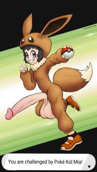 1futa absurdres black_hair blush brown_eyes clothes cosplay dialogue_box eevee eevee_(cosplay) eevee_ears eevee_tail flat_chest futanari gen_1_pokemon grin highres huge_penis huge_testicles lankykonga large_penis large_testicles loli nintendo npc_trainer penis poke_ball poke_kid_(pokemon) pokemon pokemon_swsh simple_background smile solo testicles uncensored