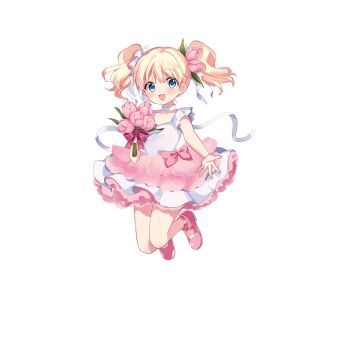 Rule 34 | 1girl, :d, alice cartelet, blonde hair, blue eyes, bow, dress, flower, full body, hair flower, hair ornament, hara yui, highres, holding, holding flower, jumping, kin-iro mosaic, lone nape hair, mary janes, official art, open mouth, outstretched arm, pink bow, pink dress, pink flower, pink shoes, ribbon, shoes, simple background, smile, solo, transparent background, twintails, white ribbon