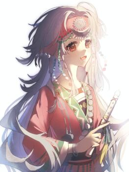 1girl :d absurdres bracelet chinese_commentary commentary_request flute grey_hair hand_up headband highres holding holding_flute holding_instrument huodadada instrument jewelry long_hair long_sleeves official_alternate_costume open_mouth pink_headband pink_shirt red_eyes reverse:1999 rubuska shirt sidelighting smile solo upper_body white_background