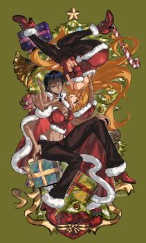 2girls :p absurdres black_hair blue_eyes blunt_bangs boots commentary cross-laced_clothes cross-laced_top fingerless_gloves full_body gift gloves green_background hashtag-only_commentary heart highres looking_at_viewer midriff mrjieshisu multiple_girls nami_(one_piece) navel nico_robin one_eye_closed one_piece orange_eyes orange_hair pantyhose red_boots red_gloves smile symbol-only_commentary tongue tongue_out twitter_username upside-down