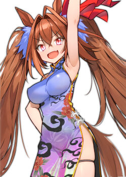 1girl alternate_costume animal_ears arm_up armpits blue_dress breasts brown_eyes brown_hair china_dress chinese_clothes daiwa_scarlet_(umamusume) dress fang highres horse_ears horse_girl horse_tail long_hair looking_at_viewer medium_breasts open_mouth patricia_(stylish_marunage) skin_fang smile solo tail umamusume very_long_hair
