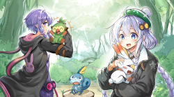 +++ 2girls ^_^ ahoge ajishio animal_ears animal_hood animal_print black_jacket blush blush_stickers braid character_request closed_eyes coat commentary_request crossover dress forest from_behind hair_ornament hat highres holding holding_pokemon hood hooded_jacket jacket kizuna_akari light_blush long_hair looking_at_viewer multiple_girls nature nintendo open_mouth outdoors partial_commentary petting pokemon pokemon_(creature) purple_dress purple_eyes purple_hair rabbit_ears rabbit_hood rabbit_print shirt short_hair_with_long_locks sidelocks silver_hair sitting smile standing starter_pokemon_trio sunlight tagme tam_o&#039;_shanter tree tree_stump upper_body very_long_hair vocaloid voiceroid white_shirt yuzuki_yukari