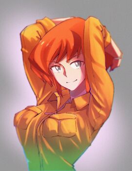 1girl april_o&#039;neil arms_up blue_eyes breast_pocket breasts brown_hair choppy_bangs grey_background highres jumpsuit large_breasts long_sleeves looking_at_viewer pocket short_hair simple_background smile solo studionice2011 teenage_mutant_ninja_turtles upper_body yellow_jumpsuit