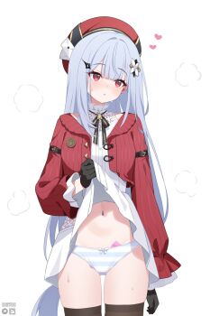 1girl averting_eyes black_gloves black_thighhighs blue_hair deyui freesia_(stella_sora) freesia_(the_gift_of_falling_snow)_(stella_sora) gloves hat highres lifting_own_clothes long_hair long_sleeves navel official_alternate_costume panties red_eyes simple_background solo standing stella_sora stomach striped_clothes striped_panties sweat thighhighs underwear very_long_hair white_background