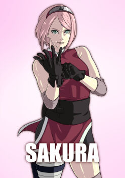 1girl adjusting_clothes adjusting_gloves black_gloves breasts character_name commentary_request cowboy_shot facial_mark forehead_mark forehead_protector gloves green_eyes hairband haruno_sakura highres konohagakure_symbol naruto:_the_last naruto_(series) pink_hair pouch red_hairband saburo_des short_hair short_shorts shorts small_breasts smile solo thigh_pouch v-shaped_eyebrows