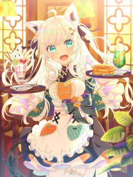 1girl ahoge animal_ear_fluff animal_ears apron aqua_eyes black_ribbon blonde_hair blurry blurry_foreground bow colored_skin commentary_request cowboy_shot dress dress_bow food fork frilled_apron frilled_dress frills fruit glass hair_ribbon heart highres holding holding_tray hololive ice_cream indoors koa_soragasuki layered_dress long_hair long_sleeves looking_at_viewer multicolored_skin open_mouth pancake pancake_stack parfait plate ribbon shirakami_fubuki smile solo spoon standing straight-on strawberry strawberry_parfait swept_bangs tray two-tone_skin two_side_up virtual_youtuber waist_apron white_apron wide_sleeves window