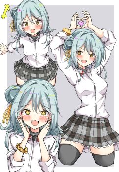 1girl aqua_hair arms_up black_thighhighs blush breasts buttons commentary_request cowboy_shot fang grey_skirt hair_bun hair_intakes hands_up heart heart_hands highres kinokohaman koyanagi_kaho looking_at_viewer medium_breasts medium_hair open_mouth shirt skin_fang skirt smile solo thighhighs tongue watashi_ga_koibito_ni_nareru_wake_naijan_murimuri! white_shirt yellow_eyes